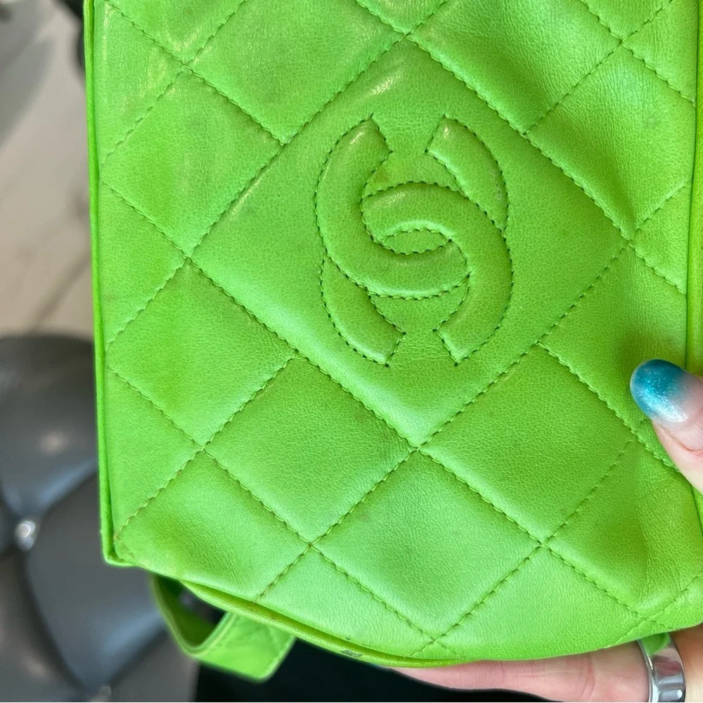 CHANEL Vintage Apple Green Quilted Mini Shoulder Bag with Gold Bar
